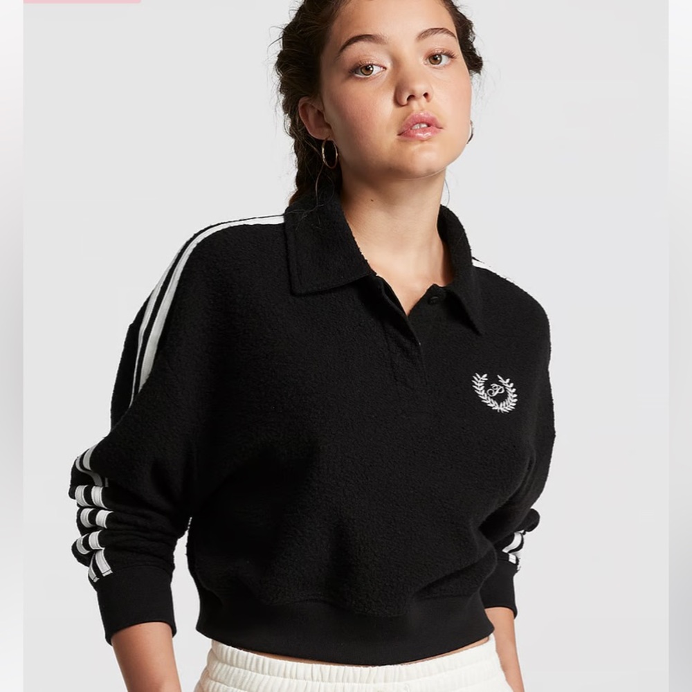 PINK Victoria’s Secret Reverse Fleece Cropped Polo Sweatshirt Size L